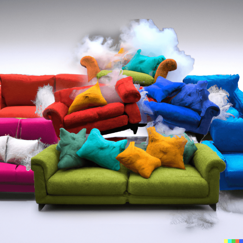 DALL·E 2023-01-13 16.31.20 - a 3d render of multiple design sofa different color blue, red, green, gray, yellow, with cushions on, pile up messy, whitesmoke background
